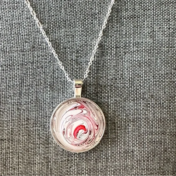 Hand painted Abstract Acrylic fluid art round bezel pendant necklace red white - Picture 3 of 8
